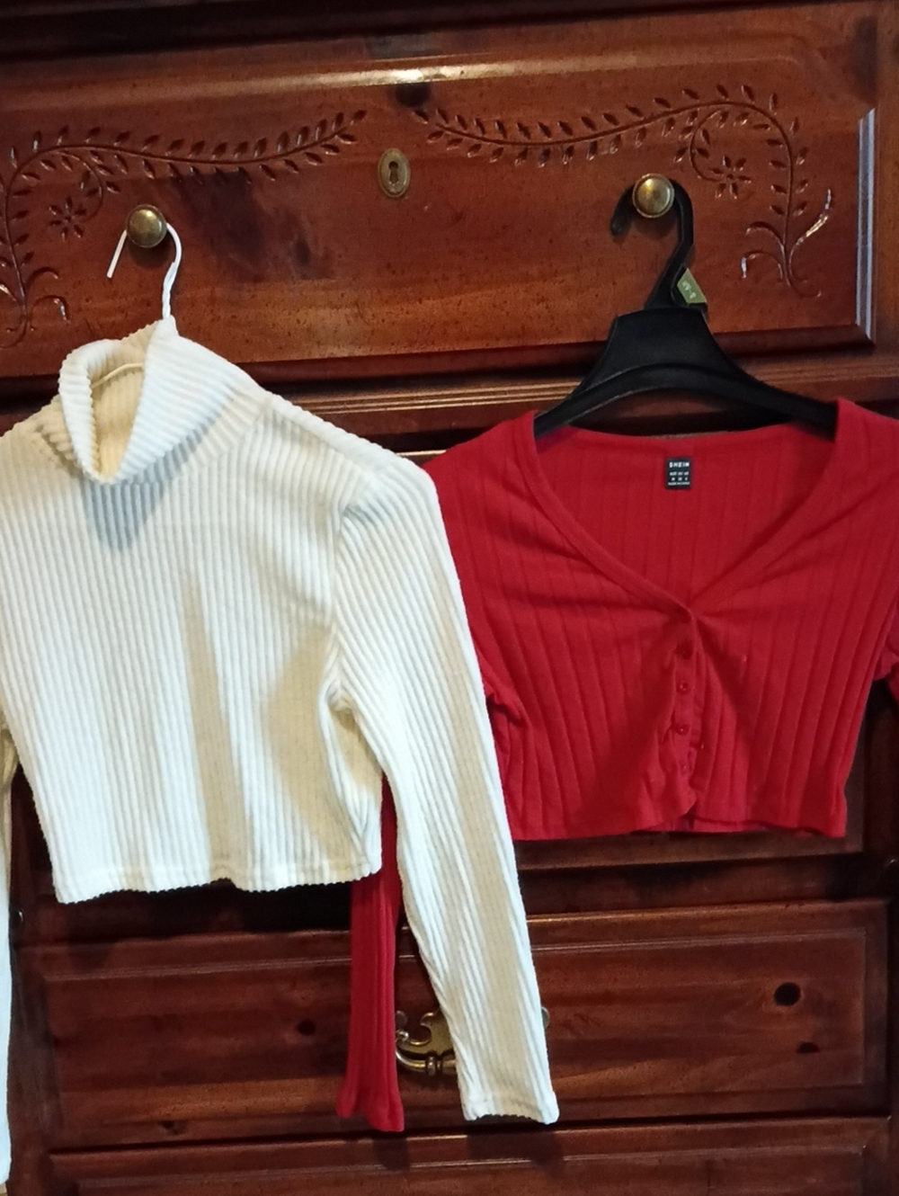 SHEIN Red Button-Front Ribbed Crop Top & Cream Ribbed Turtleneck Set